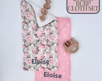 Baby Girl Burp Cloth Set Cotton Print Rose Design Infant Essential Newborn Bundle with Name Custom Cloth Gift Set Nursery Supply Items
