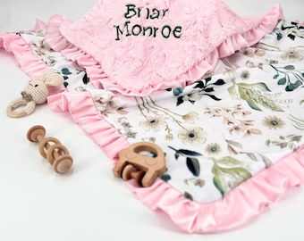 Personalized Baby Blanket Custom Embroidery Name Gift Baby Shower Present Idea Nursery Decoration Floral Design Minky Fabric Satin Trim