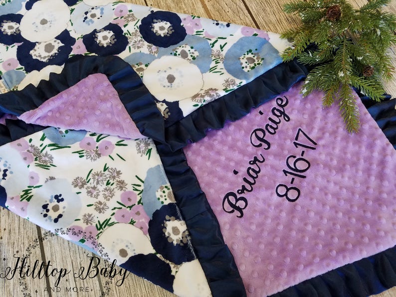 Purple Boho Personalized Baby Girl Blanket-Purple floral baby girl shower gift; Adult Minky Blanket