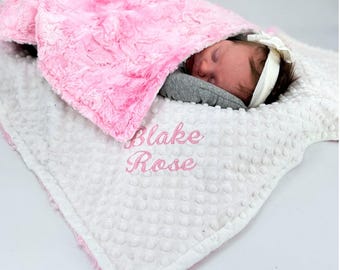 Personalized Baby Blanket with Name Birth Date Custom Cover for Infant Girl Pink Rose Swirl Design Security Wrap Newborn Gift Shower Soft