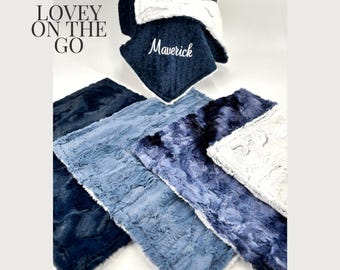 Minky Baby Lovey Security Blanket First Friend Travel Companion Shower Gift Idea Stocking Stuffer Christmas Personalized Embroidery Navy