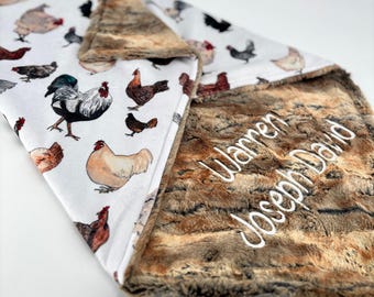 Chicken Baby Blanket Rustic Farm Animal Nursery Decor Customized Minky Embroidered Personalized Baby Gift Newborn Present Farmhouse Toddler