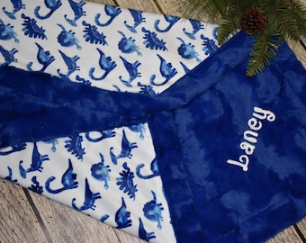 Personalized Dinosaur Baby Boy minky Blanket Gift- Blue Watercolor Dinosaur baby, Personalized baby gift