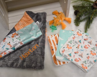 Personalized Tribal Fox Baby Boy Car Seat Gift Set, Fox Lovey, Baby Boy Burp Cloths, Fox Pacifier Holder-Orange, Mint and Gray Fox Baby gift