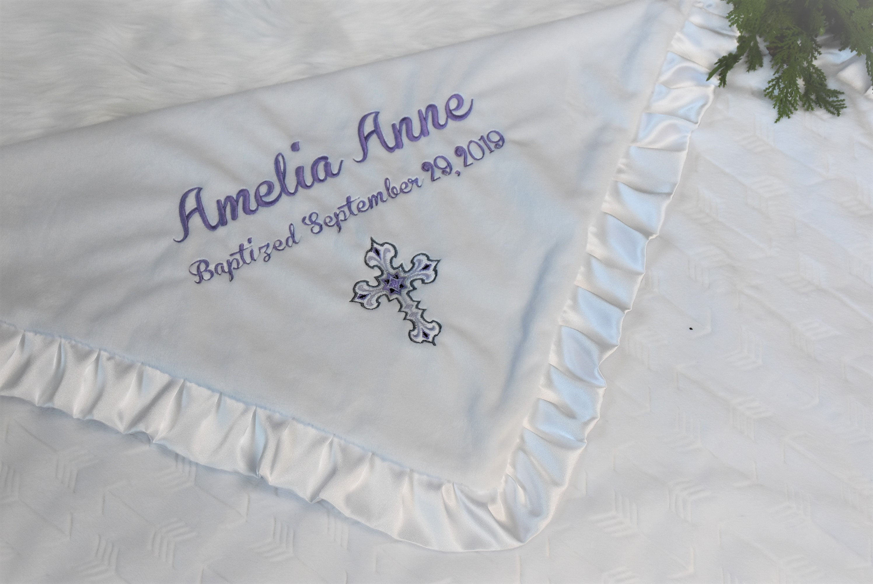White Personalized Lavender Baby Girl Baptism Minky Blanket Purple