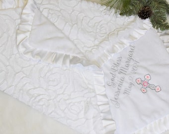 Personalized baptism blanket with satin-Christening blanket heirloom blanket Christening gift-centerpieces for baptism baptism gift girl