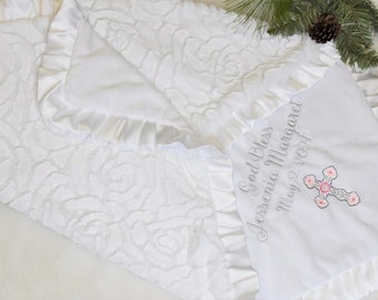 Personalized baptism blanket with satin-Christening blanket, heirloom blanket, Christening gift-centerpieces for baptism, baptism gift girl