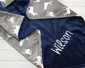 Personalized woodland baby boy minky blanket- Deer Navy and gray shower gift, woodland gender neutral baby shower gift, Adult minky blanket