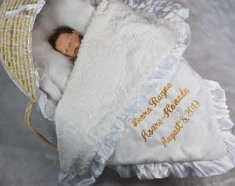 Personalized Baby Gifts-Baptism Blanket in white and gold, Baby girl blanket or Baby boy blanket for baptism, Christening blanket
