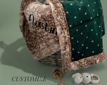 Personalized Minky Blanket Baby Shower Gift Idea Custom Name Embroidered Keepsake Woodland Nursery Bedding Set Deer Design Soft Fabric