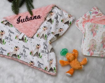 Personalized Tribal Security Blanket- Coral baby Gift- blankie- girl shower gift, pacifier clip, burp cloths, fox woodland theme blanekt