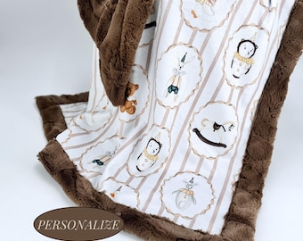 Personalized Baby Blanket Vintage Carnival Custom Design Circus Theme Nursery Decor Gender Neutral Tan Minky Infant Gift Stroller Cover Crib