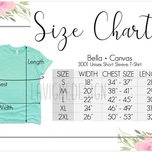 Bella Canvas 3001 Size Chart, Shirt Size Chart, Bella Canvas Size Chart, Bella Canvas mockup, Chest size, S-2XL
