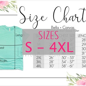 Bella Canvas 3001 Size Chart, Shirt Size Chart, Bella Canvas Size Chart, Bella Canvas mockup, Chest size, sizes S-4XL