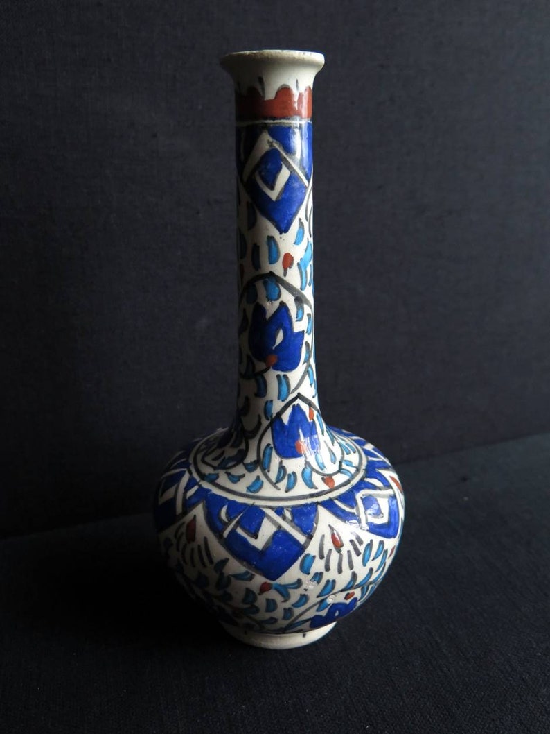 Vintage Anatolian Turkish Hand Painted and Glazed Ceramic Vase for single Flower