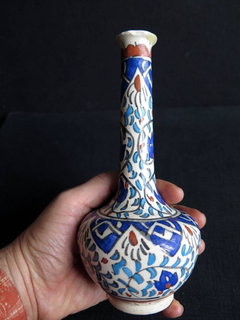 Vintage Anatolian Turkish Hand Painted and Glazed Ceramic Vase for single Flower