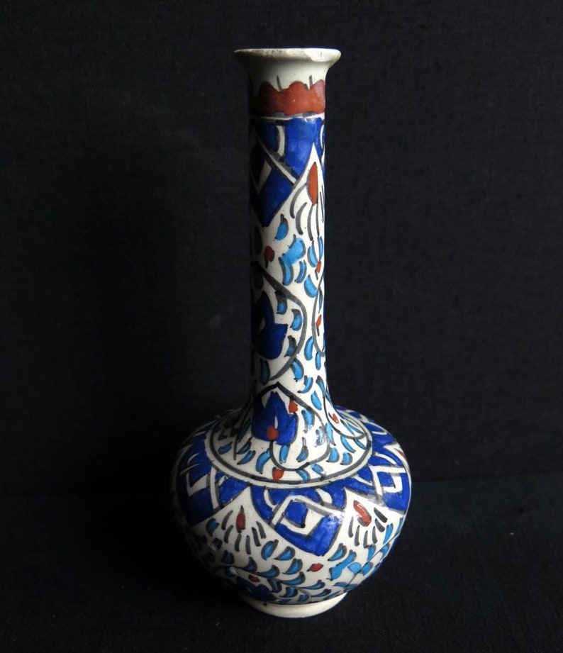 Vintage Anatolian Turkish Hand Painted and Glazed Ceramic Vase for single Flower
