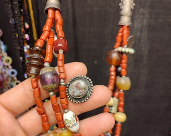 Vintage Afghan Necklace, decorated with beads, natural stones and coins.
