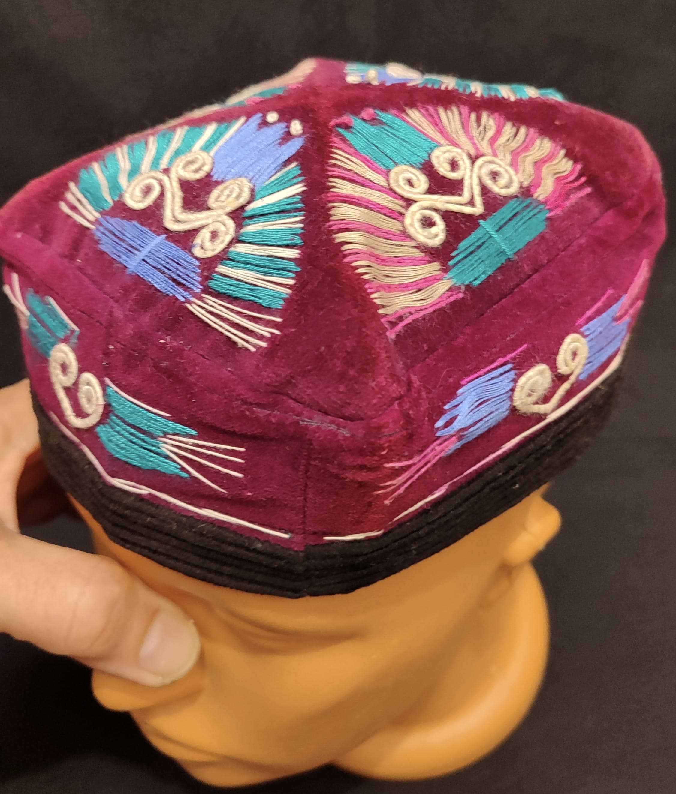 Vintage Uzbekistan Silk Embroidered Velvet Hat & Skullcap - Etsy display picture 1