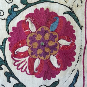 Antique Uzbekistan Suzani Fragment: 19th Century Silk Embroidery