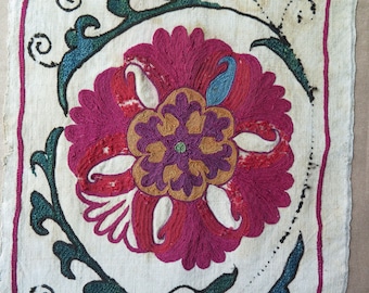 Antique Uzbekistan Suzani Fragment: 19th Century Silk Embroidery