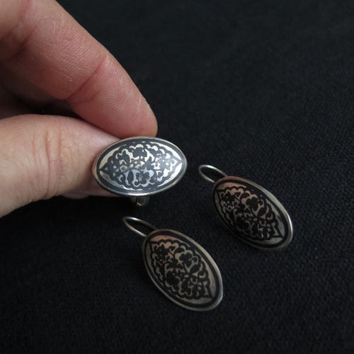 Vintage Niello Silver Earrings and Ring Set - Free online Shipping