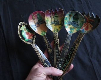 Vintage Handmade and Painted Decorative Konya Mevlana Wood Spoons