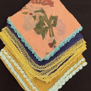 Vintage Turkish Oya & Hand Block Printed Cotton Scarves with Shuttle Lace on edges.