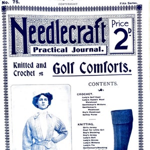 Könnte beinhalten: Ein Vintage-Magazin-Cover für Needlecraft, ein praktisches Journal, mit einem blau-weißen gestrickten Golfmantel und einer Mütze sowie einer blauen gestrickten Strumpfhose. Der Text auf dem Magazin-Cover lautet "Knitted and Crochet Golf Comforts." und "Price 2d."