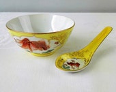 Set of Six (6) People 39 s Republic of China Vintage Porcelain Rice Bowls Spoons - Hand Painted Goldfish and Writing Design - Famille Jaune