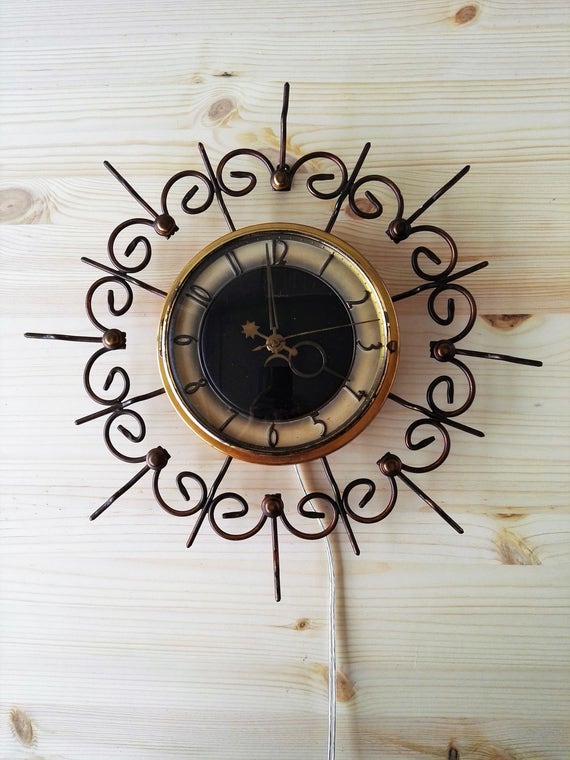 Large Sunburst Electric Wall Clock With Cord Brass Electric