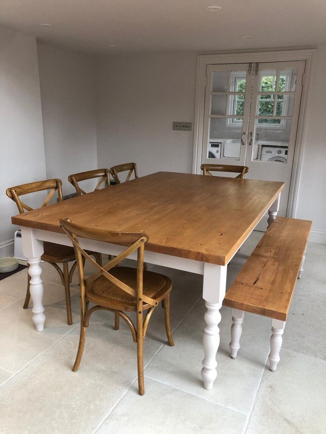 Rustic French Farmhouse Dining Table: Reclaimed Wood & Turned Pine Legs ...