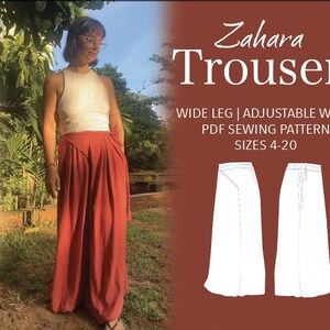 Puede incluir: Un patrón de costura digital en PDF para los pantalones Zahara, con diseño de pierna ancha y cintura ajustable. La imagen muestra a una persona vistiendo los pantalones de color óxido, junto a dibujos técnicos de las vistas frontal y trasera.