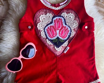 Macacão vermelho vintage, reciclado, tamanho 9-12 meses