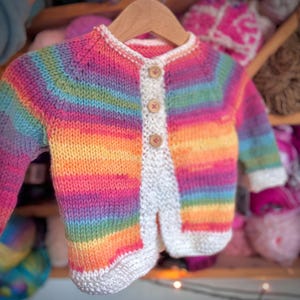 Hand Knitted Rainbow Baby Cardigan: Wool Blend, Wooden Buttons (0-3m)