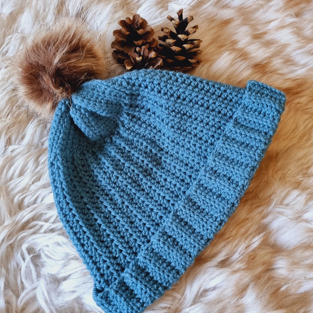 Cable Knit Crochet Beanie Hat Handcrafted With Faux Fur Pom Handmade Teal Teal winter wool handknit luxury beanie with pompom  main image 4