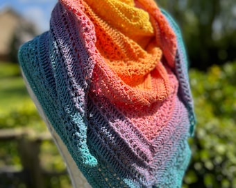 Orange and blue shawl//Crochet shawl//lacy shawl//summery shawl//cotton shawl