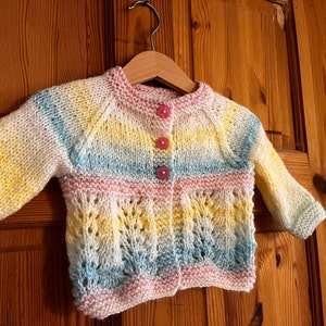 Hand Knitted Baby Cardigan: Ombre Pastel Rainbow, Lacy Design (0-3m)