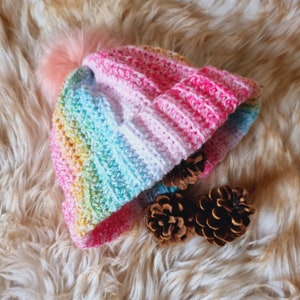 Crocheted Rainbow Pom Pom Hat: Cosy Acrylic Child&#39;s Beanie
