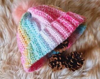Crocheted Rainbow Pom Pom Hat: Cosy Acrylic Child's Beanie