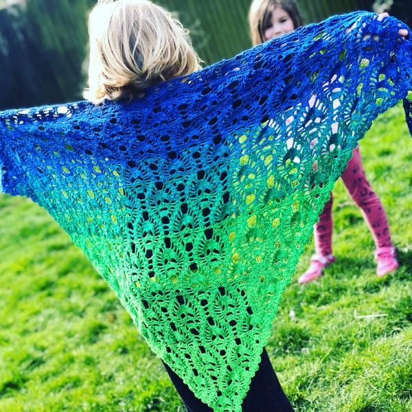 Châle tête de mort en coton au crochet : vert et bleu vifs