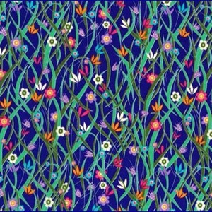 May include: A colourful floral design on a deep blue backdrop. The pattern showcases stylised green grass and stems interwoven with bright flowers in pink, white, orange, and purple. The overall effect is a lively and decorative botanical print.