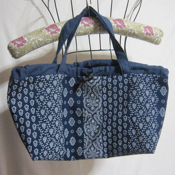 Nouveau !! Sac à cordon en tissu Souleiado fait main en toile de coton, fabriqué au Japon, magnifique bleu marine