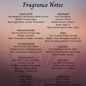 A fragrance selection guide listing unique and diverse scents for personalized car diffusers. Includes scent breakdowns with top, middle, and base notes for a variety of long-lasting fragrance oils.