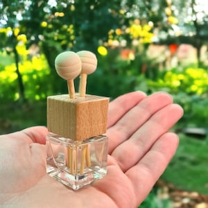 A compact car vent diffuser held in a hand against a natural background. Features a wooden lid, glass bottle, and wooden diffuser reeds for long-lasting fragrance.