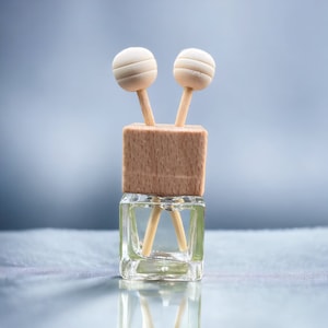 A minimalist car vent diffuser featuring a wooden top, clear glass bottle, and reed sticks, providing a sleek and modern design for car fragrance.