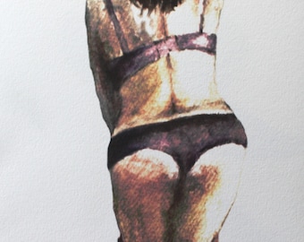 Könnte beinhalten: Aquarellmalerei einer Person, die einen lila BH und schwarze Unterwäsche trägt. Die Person ist abgewandt vom Betrachter und ihr Rücken ist sichtbar.