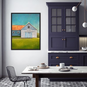 Original Ölgemälde einer weißen Scheune, Landschaftsmotiv 29 x 24