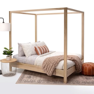 Rustic Full-Size Wooden Canopy Bed Frame: Montessori-Inspired Farmhouse Furniture for Minimalist Bedrooms