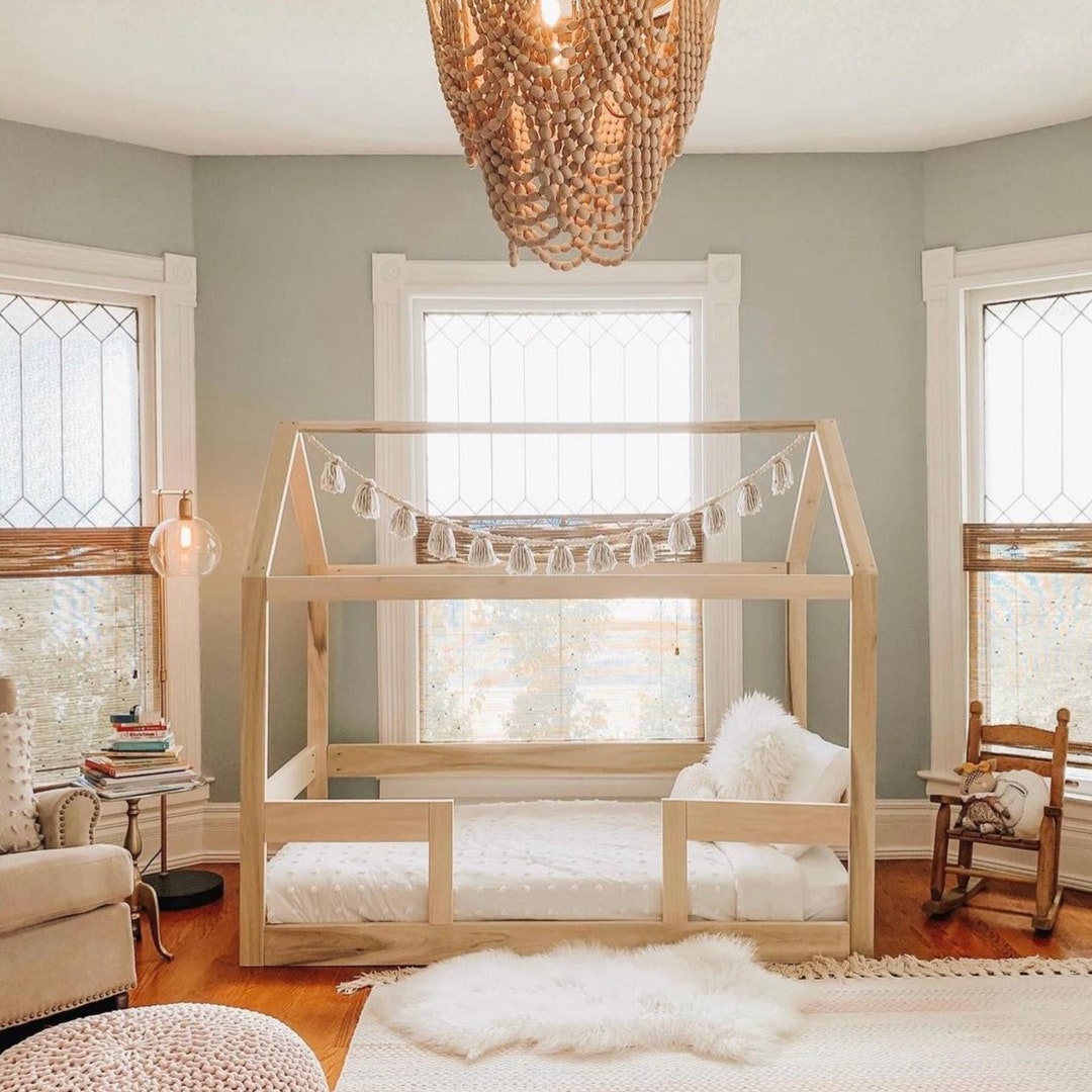 Montessori Floor House Bed Frame: Twin to Queen Size, Railings